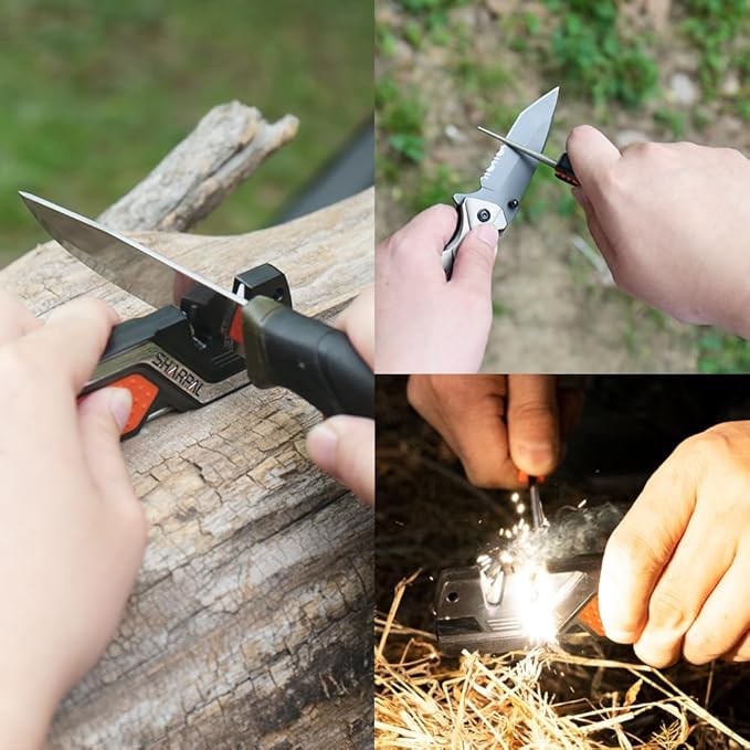 afilador de cuchillos portátil, herramienta de supervivencia 6 en 1, iniciador de fuego con afilador